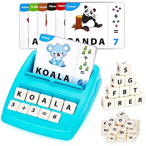 Sarsumir Matching Letter Game Educational Toys Spelling Word Games Maths Game 32 Flash Cards Toddler Toys Preschool Learning Toys for 3 4 5 6 7 8 Year Old Kids Boys Girls, Blue Cover
