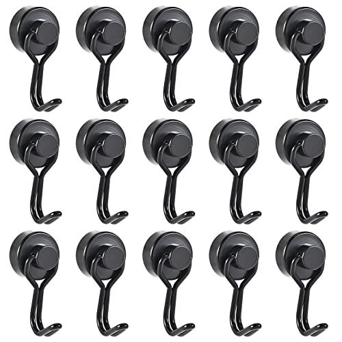 Magnet haken, 15 Stück Schwarz Magnethaken Extra Stark, 16MM Drehbar Neodym Magnete mit Haken, Super Starker Magnetischer Haken für Küche Schlafzimmer Büro Schließfächer Kühlschrankmagnet Cover