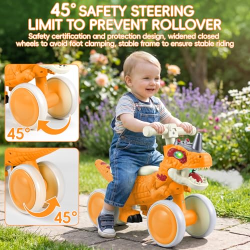 Image of Kids Tricycle, Dinosaur Toys Trike Bike with Safe Anti-Rollover Design, Music, Storage Basket, Big Wheels & LED Lights, Toddler Ride on Toys, Bicicletas para Ninos De 3 Anos a 6 (Orange)