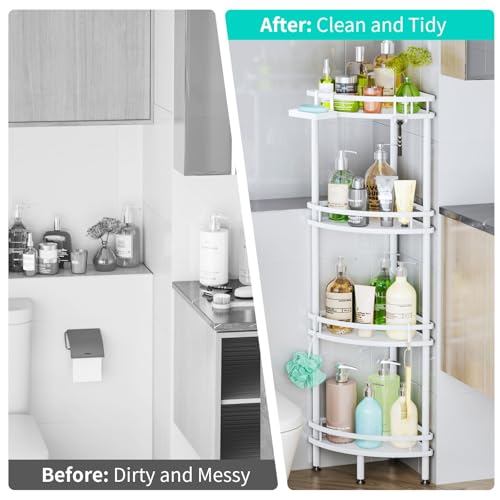 Image of HapiRm Standing Corner Shower Caddy - 4 Tier Shower Organizer Corner with Soap Holder and 4 Hooks, Rustproof Bathroom Storage Shelves with Adhesives, White