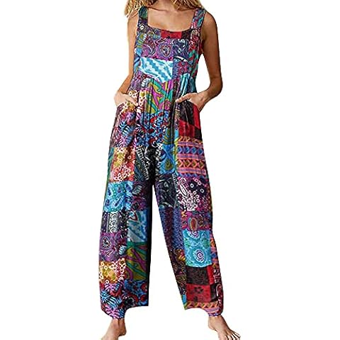 Springcmy Women's Loose Overall Dungarees Floral Jumpsuit Sleeveless Casual Baggy Playsuit Summer Wide Leg Long Pants Romper (A-Blue, M) Cover