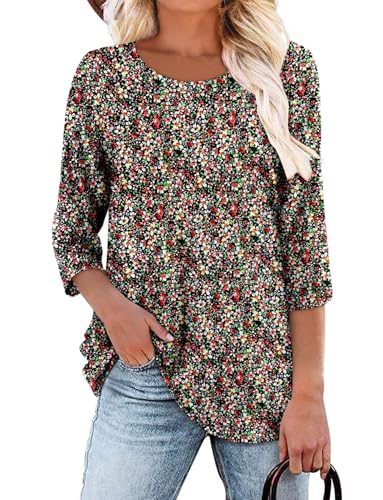 KISSMODA Tunic Tops for Women Loose Fit Dressy Round Neck Pleated 3/4 Length Sleeve Spring Tops