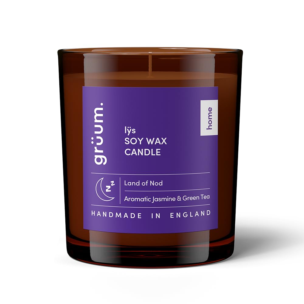 Grüum Women's Amber Glass 170G Soy Wax Scented Candles - 100% Soy Candle With Up To 40 Hours Long Burning Time - Candles Gifts For - Hand Poured Uk Made Scented Candle With Aromatic Jasmine & Green Tea