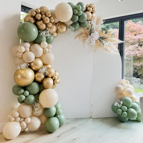 Image of Sage Green Gold Balloons, 55 PCS 12 Inch Retro Green White Metallic Gold Confetti Balloon, Olive Green Balloon for Birthday Baby Shower Engagement Wedding Anniversary Graduation Party Decoration