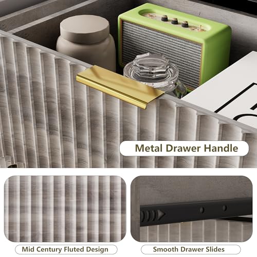 Image of HUANLEGO 48 inch W Tall Fluted Dresser for Bedroom with 8 Drawer, Grey | Mid Century Modern Dresser for Closet, Anti-Tipping Design, Wooden Dressers & Chest of Drawers for Living Room, Home Office