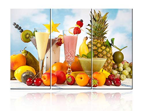 3 Panel Canvas Wall Art Decorated Smoothies Painting Colorful Freshness Summer Fruits Artwork Premium Quality Picture for Kitchen Modern Wall Decor Giclee Gallery Wrapped Ready to Hang(60Wx40H inches)