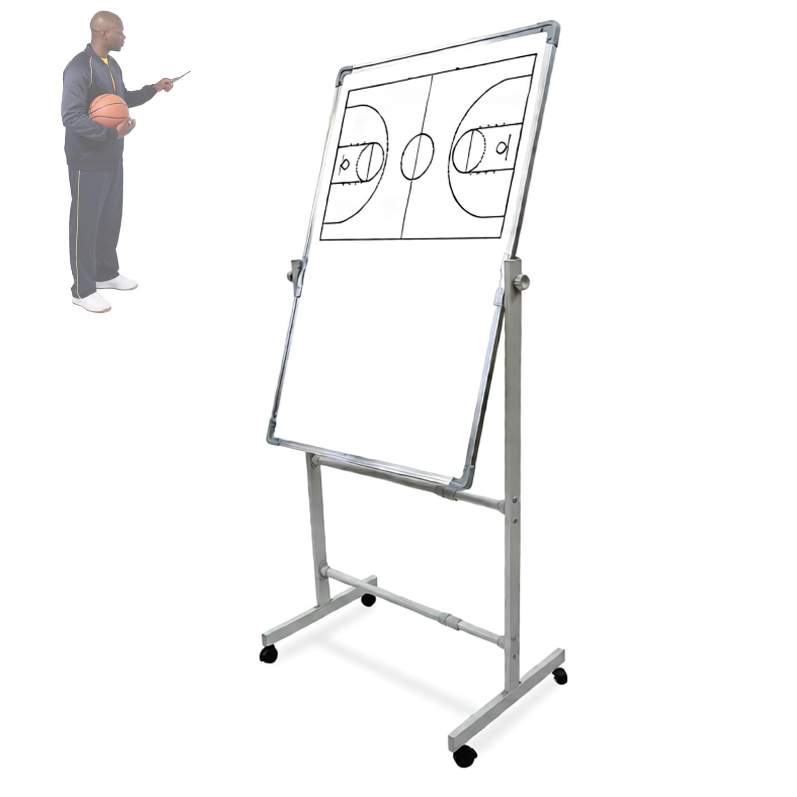 Deska treningowa do koszykówki, dwustronna tablica suchościeralna, 100 x 70 cm z regulowanym stojakiem do rozmieszczenia taktycznego i codziennego treningu