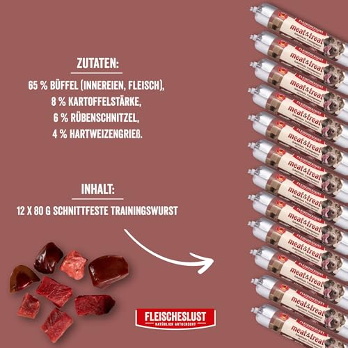 Fleischeslust Hundewurst | Meat & Treat Büffel (12x80g) | Trainingswurst | schnittfest | Hundesnack | Leckerli für Hunde