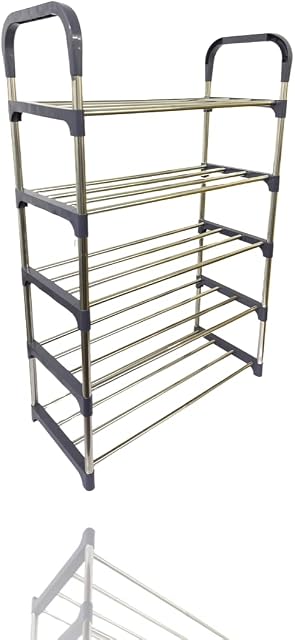 REQUISITE NEEDS 5-Tier Shoe Rack, Metal Shoe Storage Organizer, Stackable Storage Rack, Space-Saving, Freestanding Shelf (Grey)