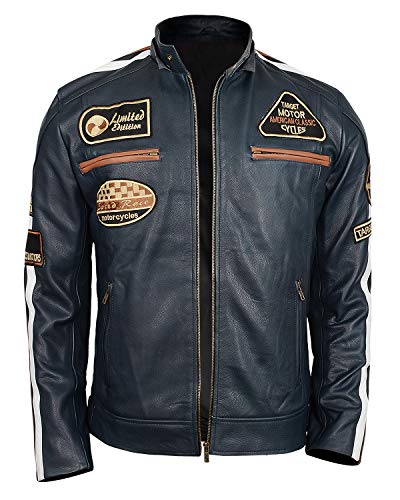LP-FACON Mens Vintage Motorcycle Patches Retro Stripes Cafe Racer Biker Leather Jacket | Detachable Hood 6