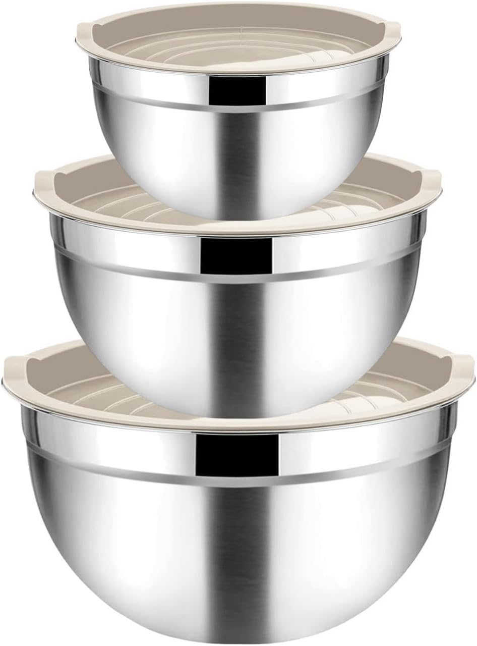 Stainless Steel Mixing Bowls with Lids | 3 Metal Nesting Bowls, Stackable, Meal Prep Bowls | Salad Bowls with Airthight Lids for Cooking, Baking (1.5-3-4.5qt)
