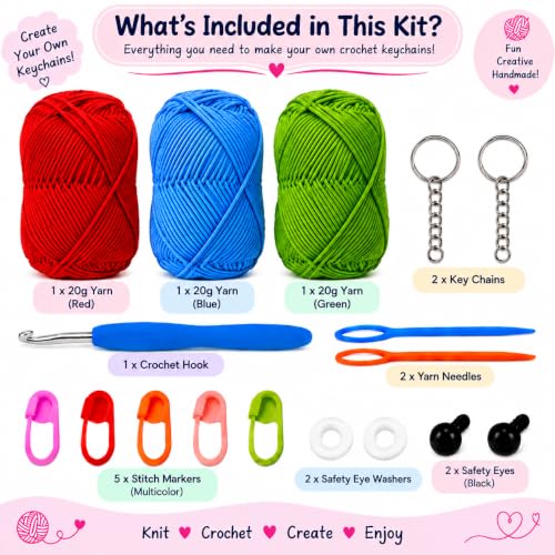 Image of Viharini Crochet Kit for Beginners with Yarn, Hooks, Stitch Markers, Knitting Needles, Eyes, Keychain, DIY Tools & Crochet Thread - Complete Crocheting Set for Adults and Kids (Red Blue Green)