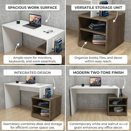 Image of FFO Wooden Computer Table with Storage - Study Desk for Students & Adults, Writing Table, Laptop Desk, Office Work Table for Home (Forest & White) DIY.