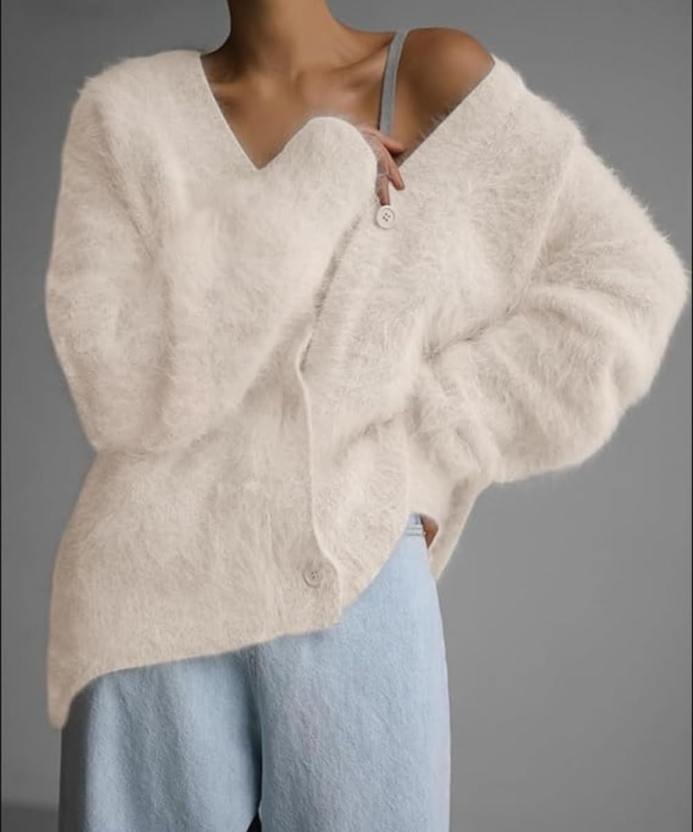 Womens Fuzzy Sweaters Cardigan V-Neck Button Down Oversized Mohair Sweater Casual Y2k 2025 Fall Winter - Image 5