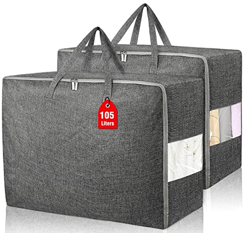 2Pack 105L Extra Large Storage Bags, Folding Moving Comforter Blanket Storage Bags Closet Organizers and Storage Containers with Strong Handles&Zippers Clear Window for Clothes Bedding Pillow, Black