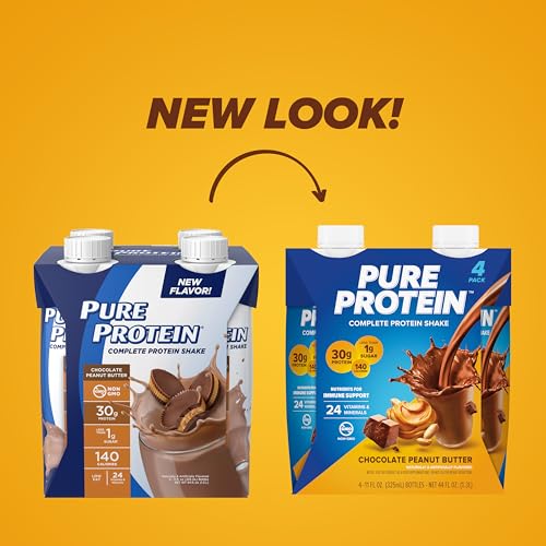 Image of Pure Protein Complete Protein Shake, Chocolate Peanut Butter, 30g High Protein Drink, Less than 1g Sugar, 3g Fiber, Ready to Drink, Non GMO, On-the-Go Shakes, 11oz Bottles, 12 Pack