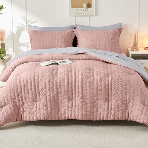 Image of HYMOKEGE Rose Gold /Light Grey Full Size Comforter Sets Seersucker 7 Pieces, All Season Luxury Bed in a Bag for Bedroom, Bedding Set with Comforter, Sheets, Pillowcases & Shams