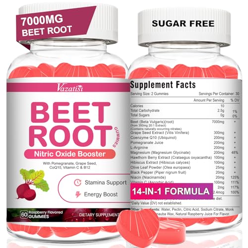 Image of Beet Root Gummies - Nitric Oxide Beetroot Gummies with Coq 10, Grape Seed, Pomegranate for Circulation & Energy Support - Vegan, Non-GMO, 120 Beet Chews