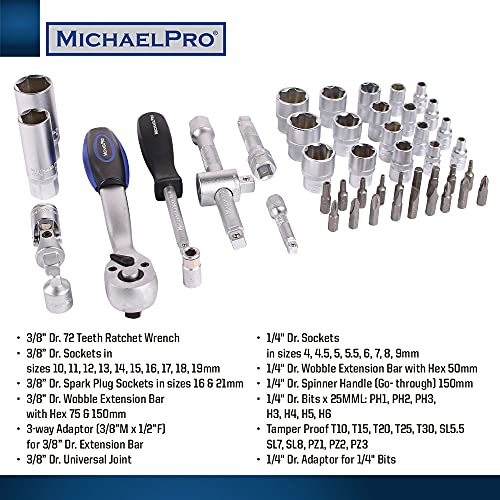 MichaelPro MP005012 47-Piece 1/4 & 3/8 Inch Dr. 72T Ratchet Wrench Socket Set, Wobble Extension Rod with Hexagonal - Image 3