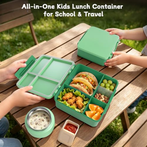 Image of Kids Lunch Box 4 Compartment Bento with 8oz Food Jar,Green