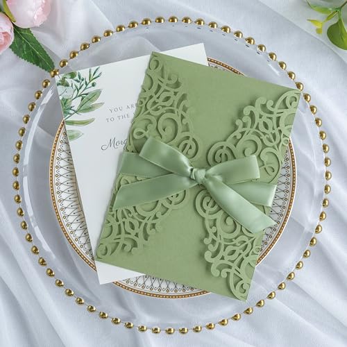 Ponatia 001-16 25Pcs 5.12 X 7.1 '' Sage Green Laser Cut Wedding Invitations Cards thumb #3