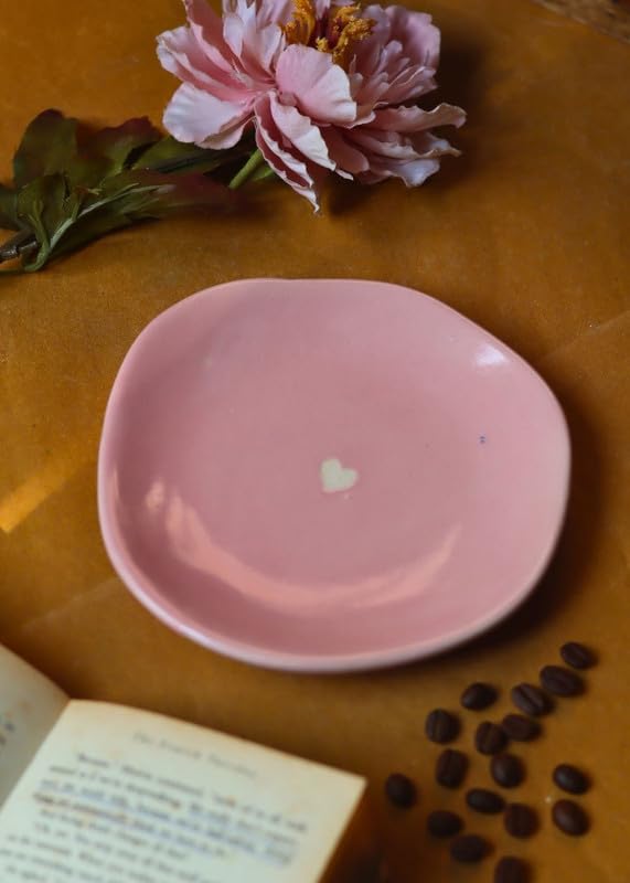 Image of WEAVING HOMES Pink Cupid Handmade Ceramic Dessert Plate, Sweet Plate 16 cm Set of 1, Microwave & Dishwasher Safe Side Plate for Cakes, Pastries, Tea Time & Desserts