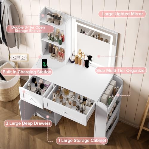 Image of Zvivofla Makeup Vanity Desk with Lighted Mirror & Power Outlet, White Vanity Table with 3 Color LED Lights, Shelves, Drawers, Cabinet, Modern Bedroom Dressing Table