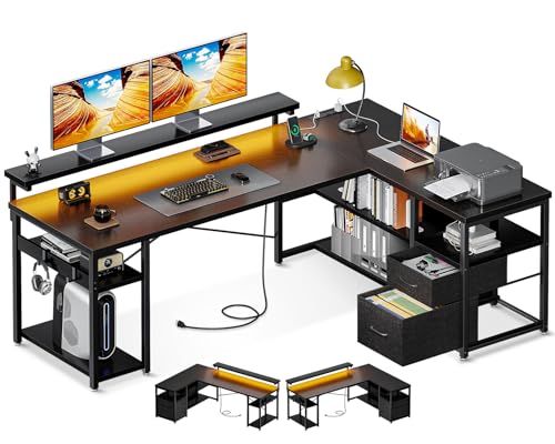 L Shaped Gaming Desk with File Drawers and Power Outlets for Home Office, 53 Inch Corner Desk with LED Lights - Black