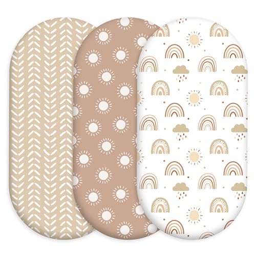 Image of Civarua Kids 3 Pack Stretchy Bassinet Sheets for Baby Girl Boy, Soft Breathable Baby Bassinet Mattress Sheets Fit for Hourglass Oval Cradle, Moses Basket Rectangle Mattress (Brown Rainbow)