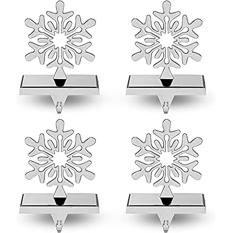 Season 4 Sparkles Christmas Stocking Hangers for Mantle Set of 4 - Chrome Silver Weighted Snowflake Stocking Holders for Mantle - Mantel Stocking Holder So Santa Can Reach The Stockings Cover