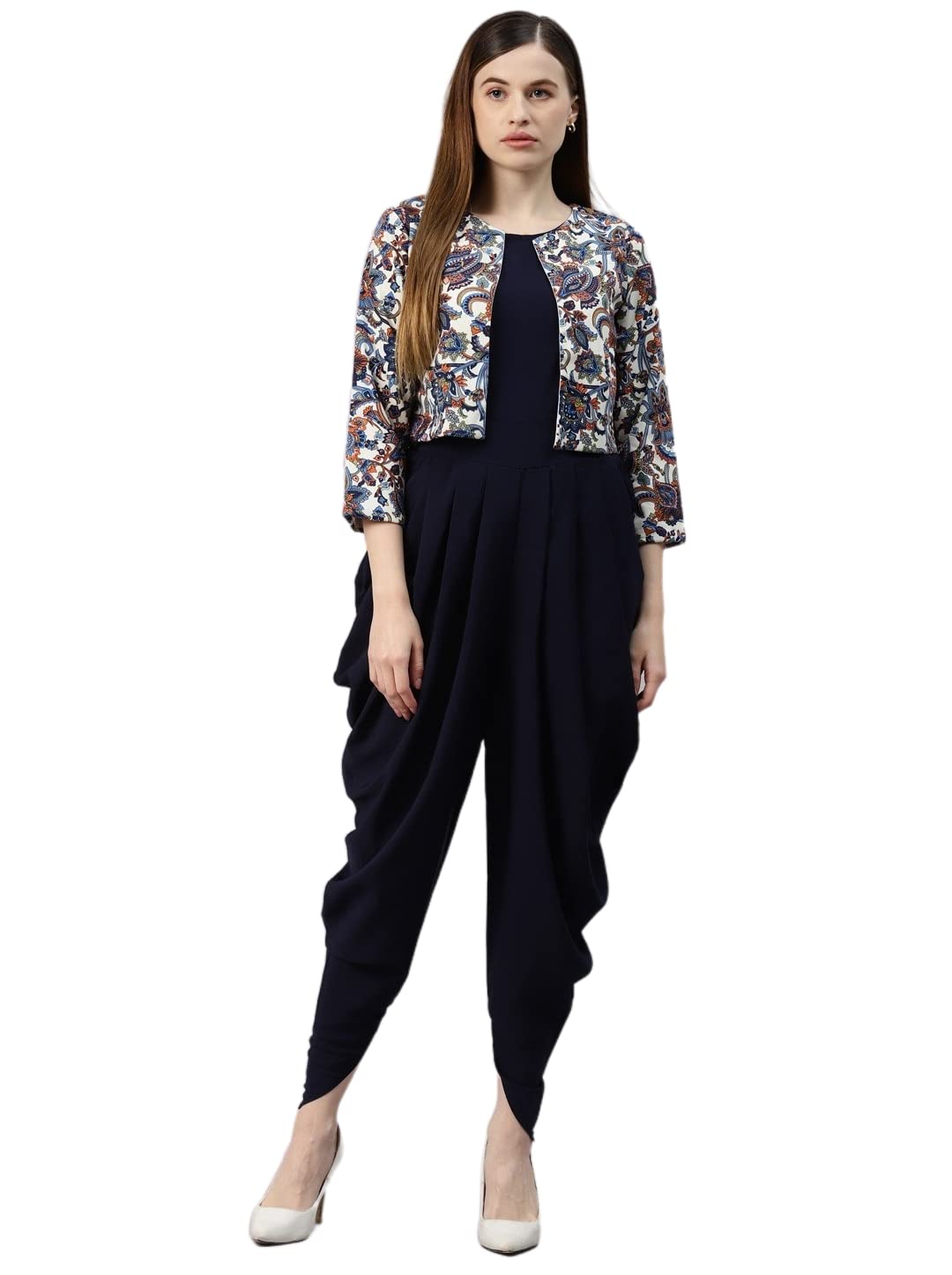 CottinfabNavy Blue Solid Dhoti Style Jumpsuite With Jacket