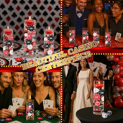 465 PCS Casino Theme Vase Filler Floating Centerpiece Decor with Dice, Poker Chips, Pearls, Mini Playing Cards & Chips – Red, Black & White Party Decorations for Casino Night, Wedding, Vegas Events - Image 9