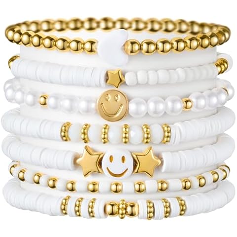 LieToi 7Pcs Preppy Heishi Bracelets for Women Girls - White Smile Star Beaded Surfer Bracelets Polymer Clay Stackable Disc Summer Beach Layering Bracelets Y2K Stretch Back to School Birthday Gift Cover