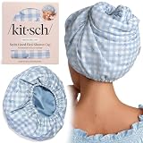 Kitsch Gorros de ducha flexibles con forro de satén de lujo para mujer, reutilizables, impermeables, gorro de ducha grande y ancho para mujeres y hombres, ajustable, elegante gorro de pelo para duchas