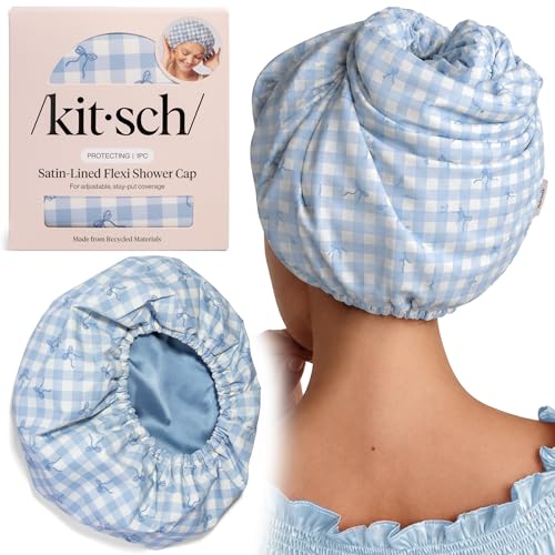 Image of Kitsch Luxury Satin-Lined Flexi Shower Caps for Women Reusable Waterproof - Large Wide Shower Cap for Women & Men, Adjustable, Stylish Hair Cap for Showers, For Long & Short Hair - Gingham Blue