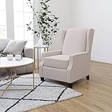 Merrick Lane Mauro Contemporary Pushback Recliner - Upholstered Cream Fabric with Nail Trim - Wingback - Manual Recliner - High Wood Grain Finish Legs