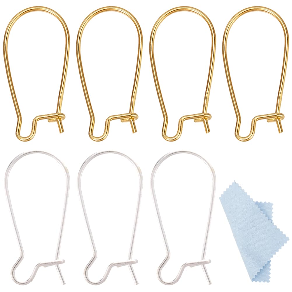 Beebeecraft 1 Box 4 Pairs Earring Hooks 18K Gold Plated 925 Sterling Silver Kidney Ear Wires with Polishing Cloth for DIY Jewelry Making (Gold, Silver)