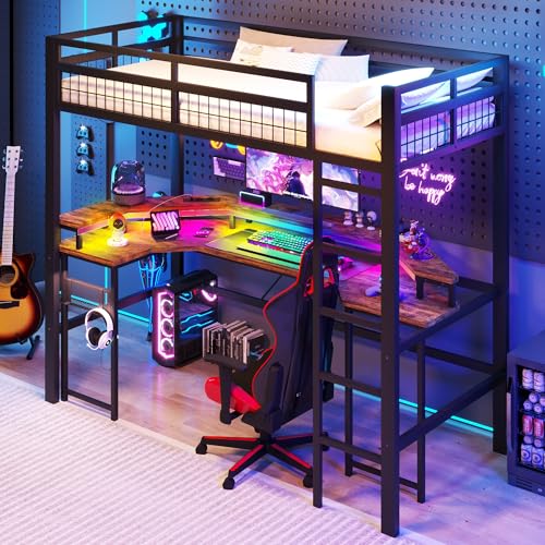 Huayz Cama alta de 90 x 200 cm con barra de luz LED, cuna con puerto USB + conector tipo C, litera con escritorio y pared perforada, marco de hierro, sin colchón (negro, 90 x 200 cm)