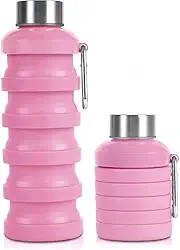 Garrafa de Água Dobrável em Silicone 500ml Retrátil e Portátil com Tampa de Aço Inox Compacta para Viagem Academia e Dia a Dia (Rosa)