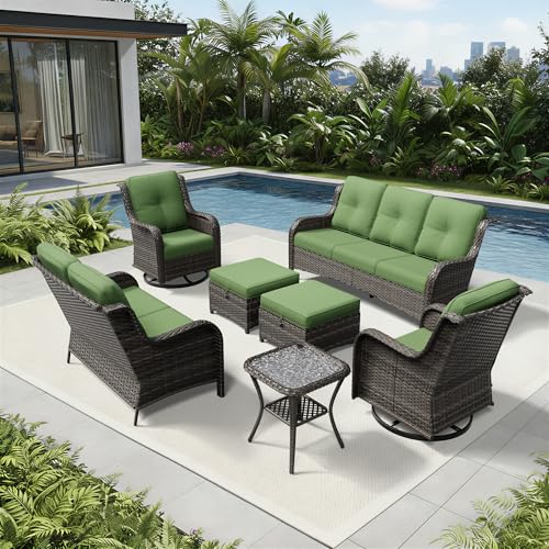 Image of Joyside 7 Piece Wicker Patio Furniture Set, Outdoor Swivel Rocker Patio Chairs with High Back, Deep Seating, Wide Armrest, Thickened Cushions, Outdoor Furniture for Deck, Porch Use