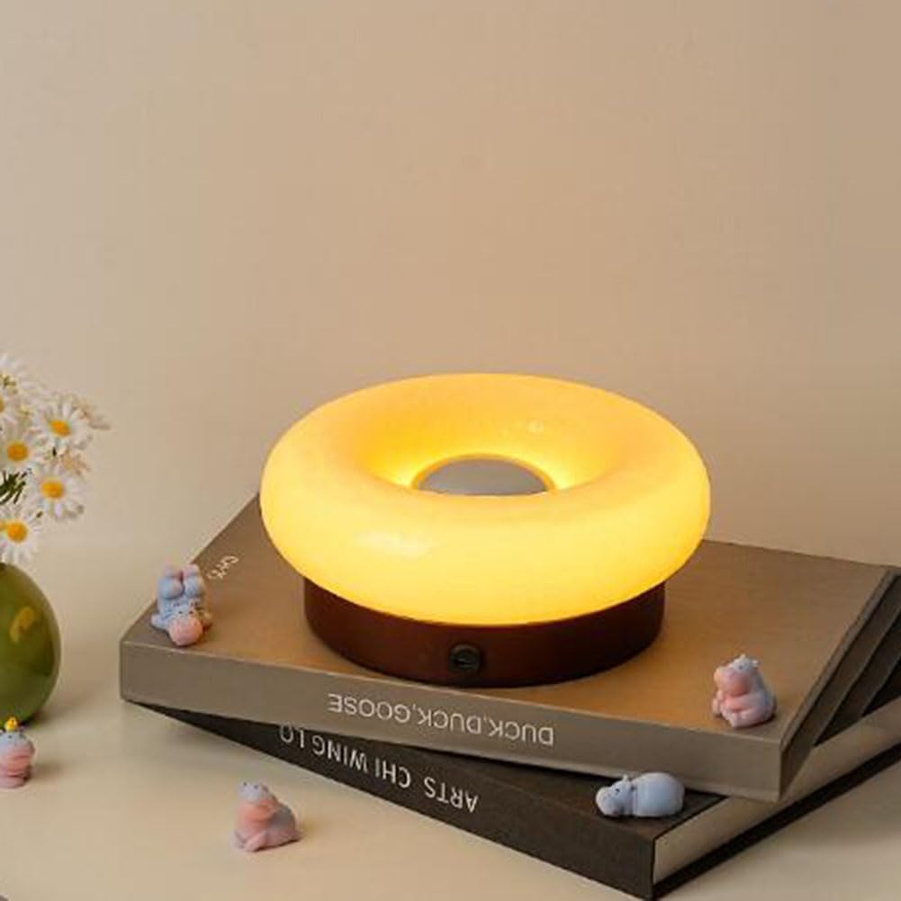 LED Donut Lampe Orange Glas Holz Tischlampe Akku USB Aufladbar Nachttischlampe mit Touch Schalter Rund Donut Tischleuchten Dimmbar Moderne Dekoration Kinderzimmer Licht für Wohnzimmer,Beige