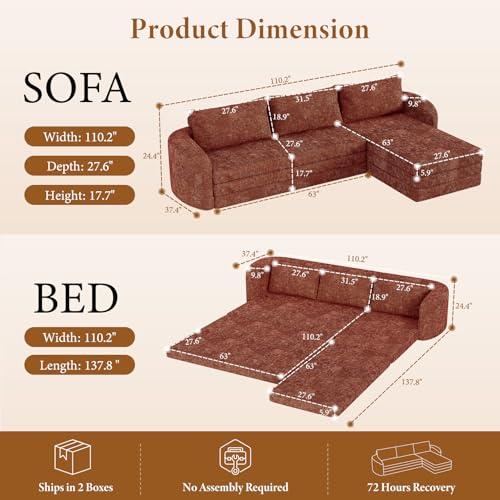Image of Vesgantti 6 in 1 Convertible Folding Sleeper Sofa Bed, No Assembly, Orange