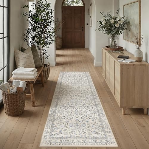 2x5 Blue Area Rug for Kitchen Washable Vintage Floral Carpet Low Pile Non Slip Botanical Aesthetic Soft Accent Throw Rug Entrance Bathroom Bedroom Nursery Office Indoor 2' x 5' (Runner) Blue