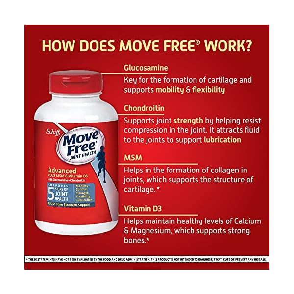 Move Free Advanced Glucosamine Chondroitin MSM + Vitamin D3 Joint Support Supplement, Supports Mobility Comfort Strength Flexibility & Bone + Immune Health - Tablet, 3x120ct Bottles (120 servings)*