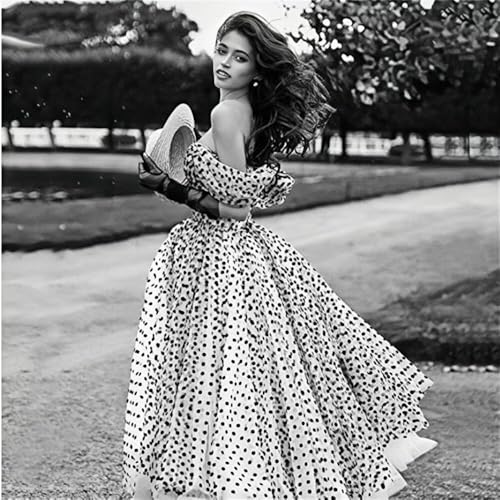 Dydsz Vintage Polka Dots Tulle Prom Dress for Women Elegant Evening Dresses Off Shoulder Formal Party Gown Tea Length3