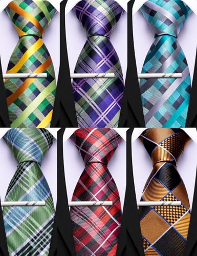 Image of Barry.Wang Mens 6 PCS Ties Silk Striped Paisley Check Floral Necktie Silky Woven Wedding Business Party Ties 3.34 inch