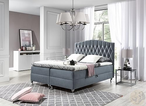 LENART FRIDERIK-EU - Letto con cassapanca Continentale Letto con testiera decorativa [ 180 x 200 - Grigio Riviera 91] Letto matrimoniale con materasso e camera da letto completo