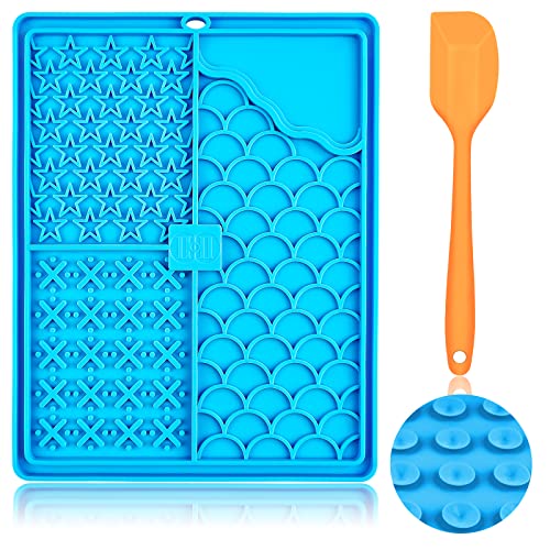 Tapis de Leche Chien Grande, CIICII Tapis Léchage Chien/Chat avec Ventouse 10.3*8.3’’ (Leche Chien Bleu + Spatule Orange) pour Friandises/Nourriture pour Chien/Chat(Antidérapant/ Silicone/ Sans BPA)