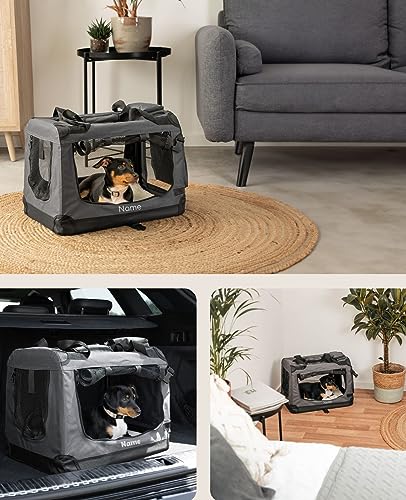 lionto Hundetransportbox faltbar für Reise & Auto, 50x34x36 cm, stabile Transportbox mit Tragegriffen & Decke für Katzen & Hunde bis 10 kg, Hundebox aus Stoff für klein & groß, grau (Namensaufdruck)