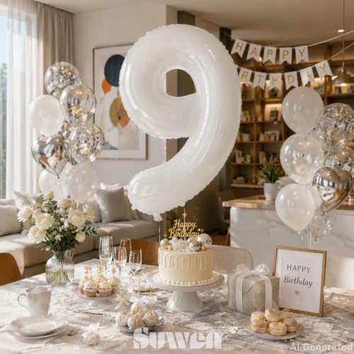 Image of SUWEN 40 Inch White Large 9 Balloon Number Big Foil Helium Numbers 0-9 | Giant Jumbo Happy 9th Birthday Party Decorations for Men or Women Huge Mylar Anniversary Party Supplies